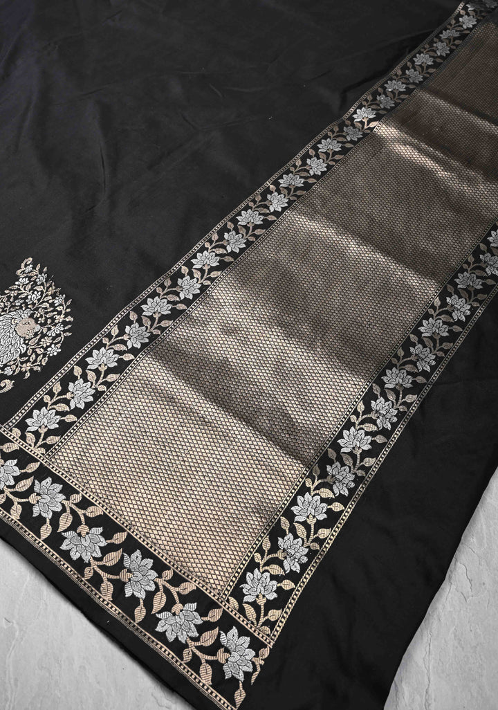 Celebrity Black Banarasi Pure Katan Silk Saree with Majestic Lion Alfi Zari Butta and Zari Border | SILK MARK CERTIFIED