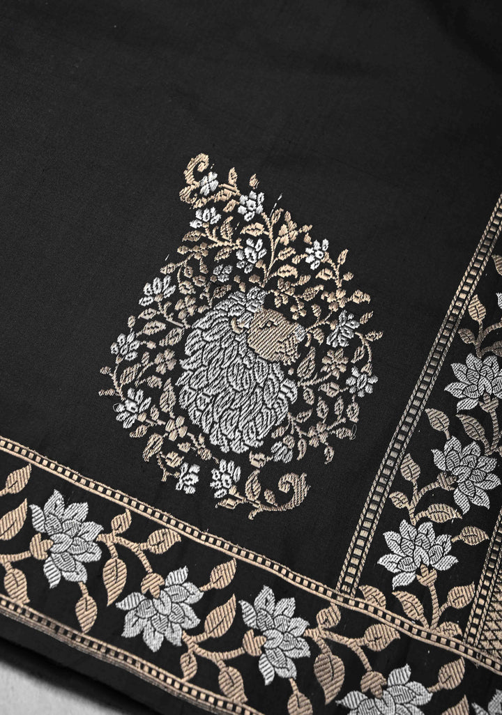 Celebrity Black Banarasi Pure Katan Silk Saree with Majestic Lion Alfi Zari Butta and Zari Border | SILK MARK CERTIFIED