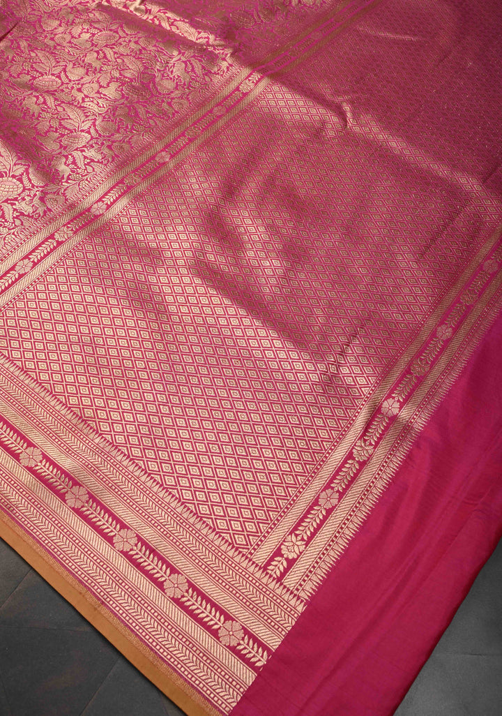 Bright Pink Shikaargah Jaal Brocade with  Katan Silk Banarasi Saree And Zari Broder | SILK MARK CERTIFIED