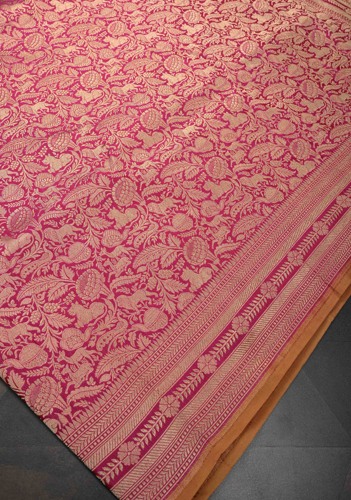 Bright Pink Shikaargah Jaal Brocade with  Katan Silk Banarasi Saree And Zari Broder | SILK MARK CERTIFIED
