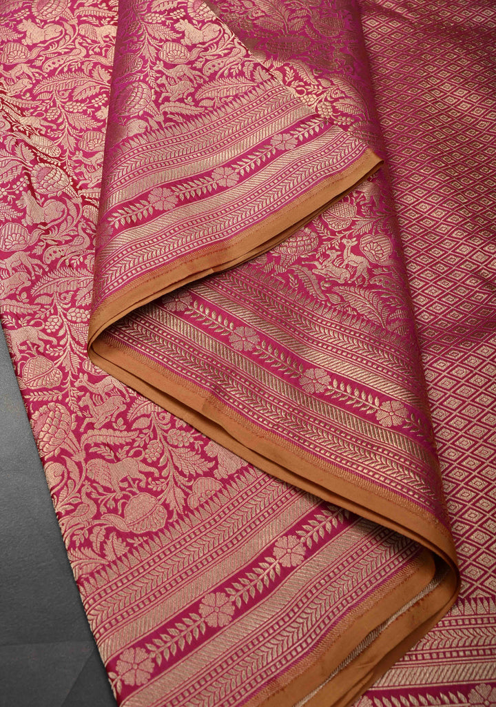 Bright Pink Shikaargah Jaal Brocade with  Katan Silk Banarasi Saree And Zari Broder | SILK MARK CERTIFIED