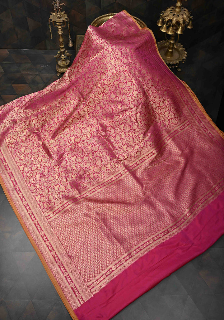 Bright Pink Shikaargah Jaal Brocade with  Katan Silk Banarasi Saree And Zari Broder | SILK MARK CERTIFIED