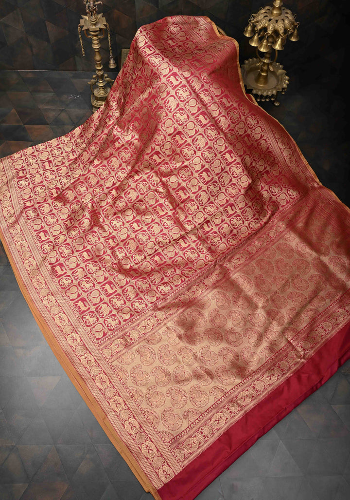 Maroon Pure Banarasi Katan Silk Saree with Shikaargah Patola Brocade and Zari Border | SILK MARK CERTIFIED