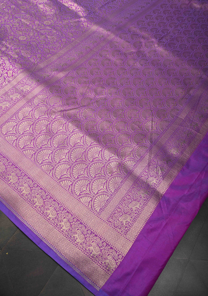 Lilac Floral and Tiger Brocade Banarasi Katan Silk Saree with Elephant motif zari Border | SILK MARK CERTIFIED
