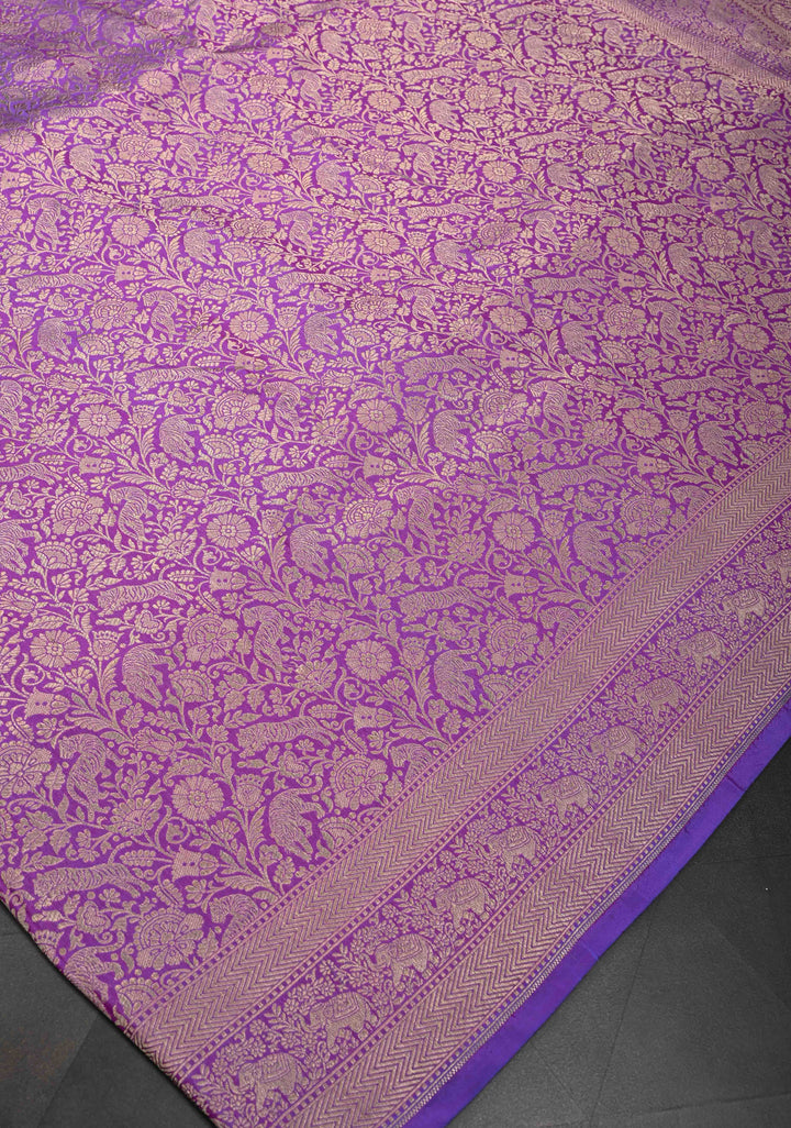 Lilac Floral and Tiger Brocade Banarasi Katan Silk Saree with Elephant motif zari Border | SILK MARK CERTIFIED