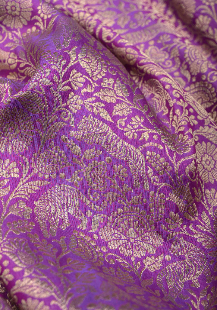 Lilac Floral and Tiger Brocade Banarasi Katan Silk Saree with Elephant motif zari Border | SILK MARK CERTIFIED