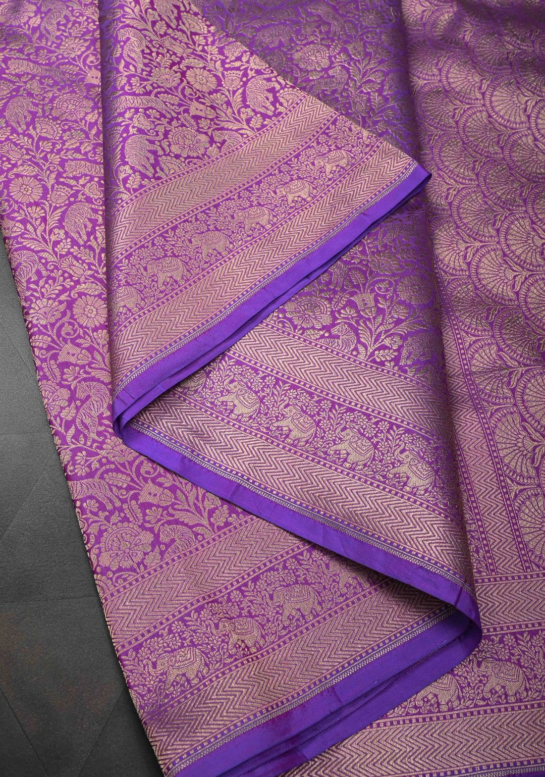 Lilac Floral and Tiger Brocade Banarasi Katan Silk Saree with Elephant motif zari Border | SILK MARK CERTIFIED