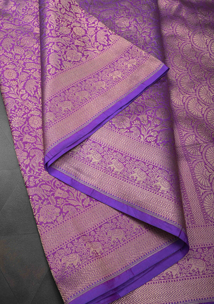 Lilac Floral and Tiger Brocade Banarasi Katan Silk Saree with Elephant motif zari Border | SILK MARK CERTIFIED