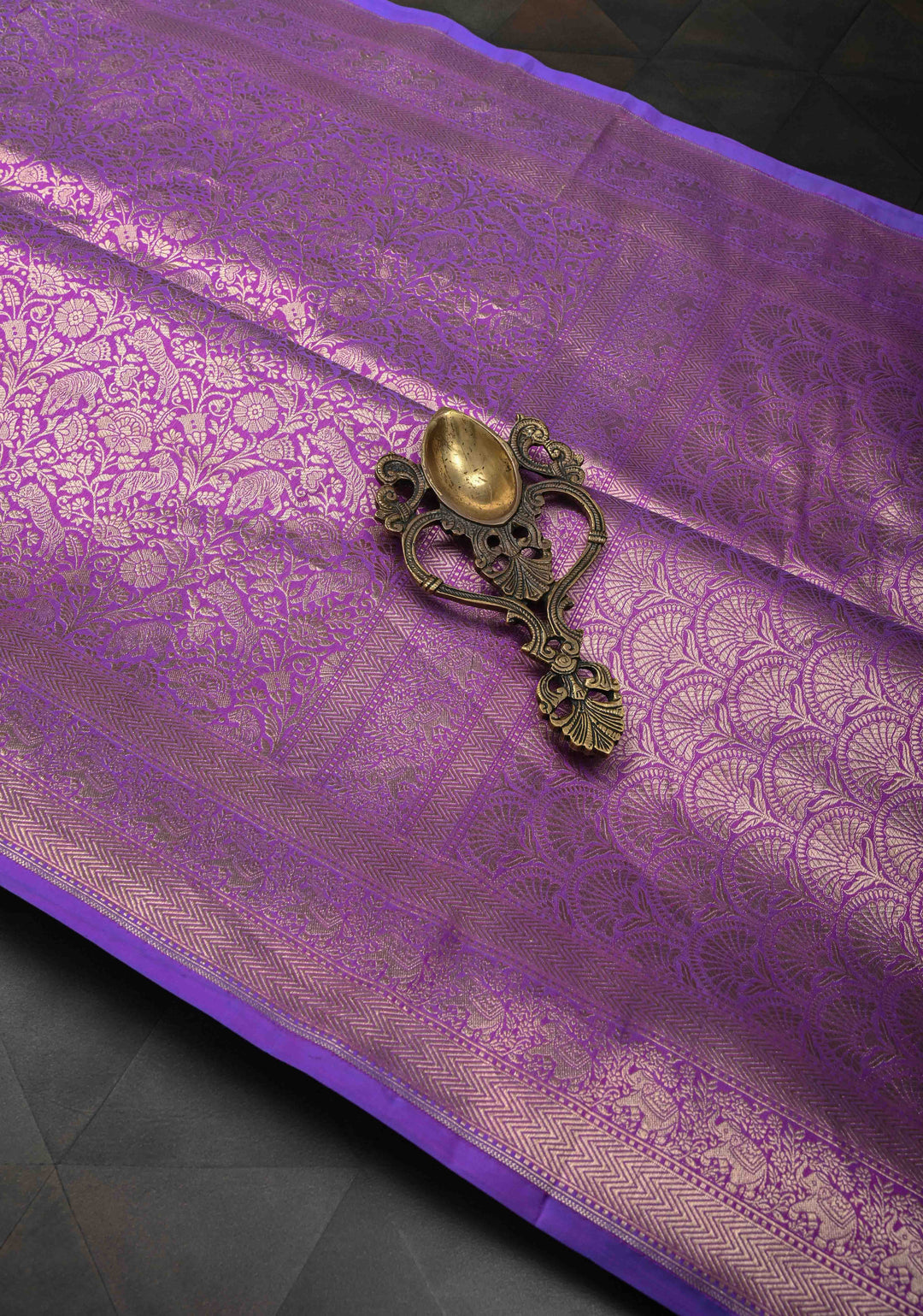 Lilac Floral and Tiger Brocade Banarasi Katan Silk Saree with Elephant motif zari Border | SILK MARK CERTIFIED