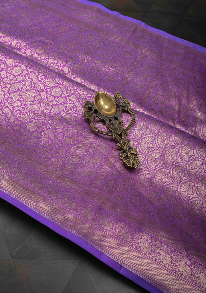 Lilac Floral and Tiger Brocade Banarasi Katan Silk Saree with Elephant motif zari Border | SILK MARK CERTIFIED