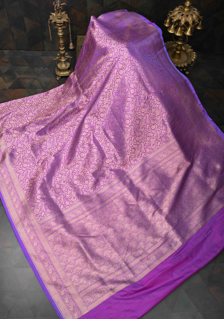 Lilac Floral and Tiger Brocade Banarasi Katan Silk Saree with Elephant motif zari Border | SILK MARK CERTIFIED