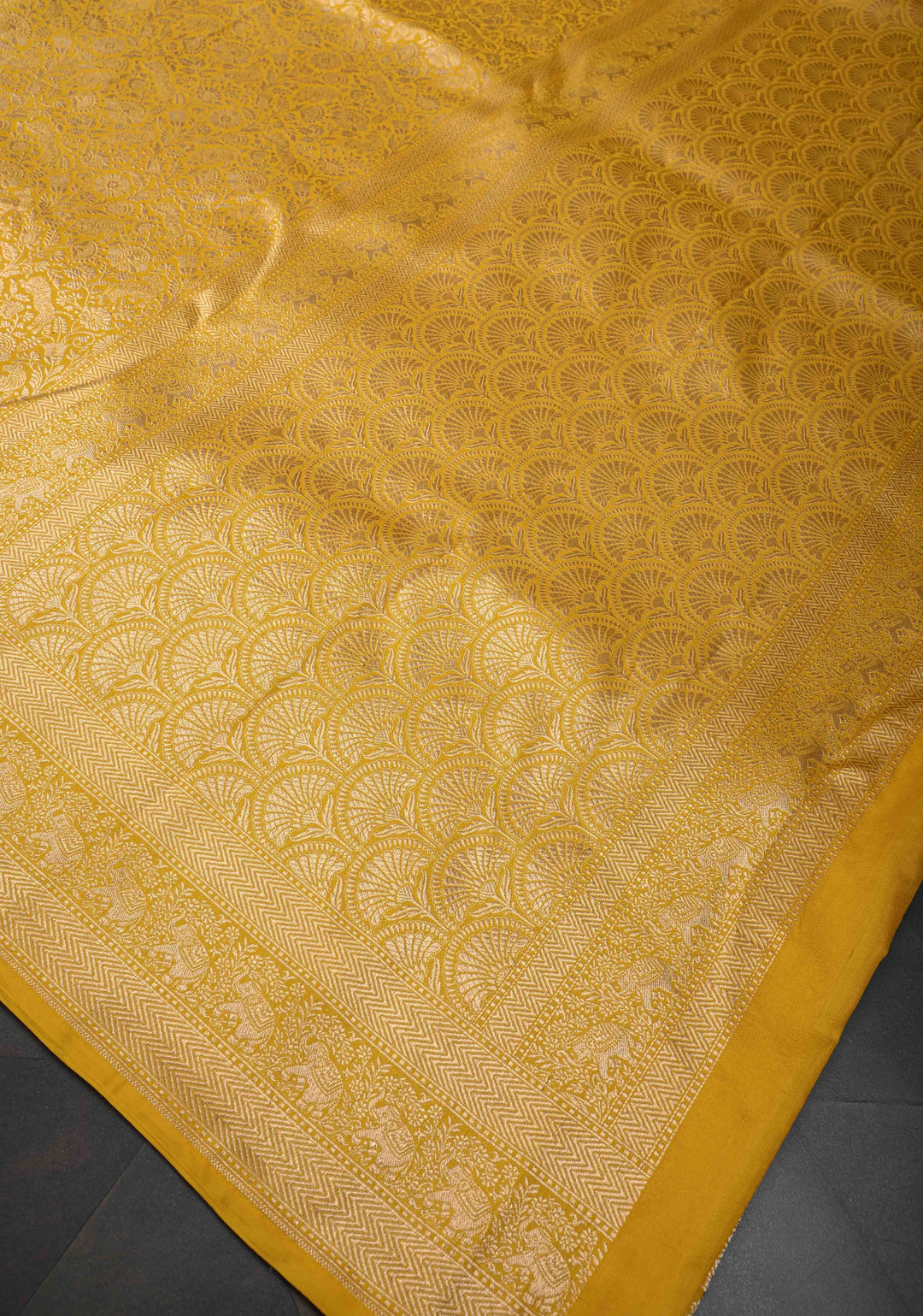 Yellow Floral and Tiger Brocade Banarasi Katan Silk Saree with Elephant motif zari Border | SILK MARK CERTIFIED