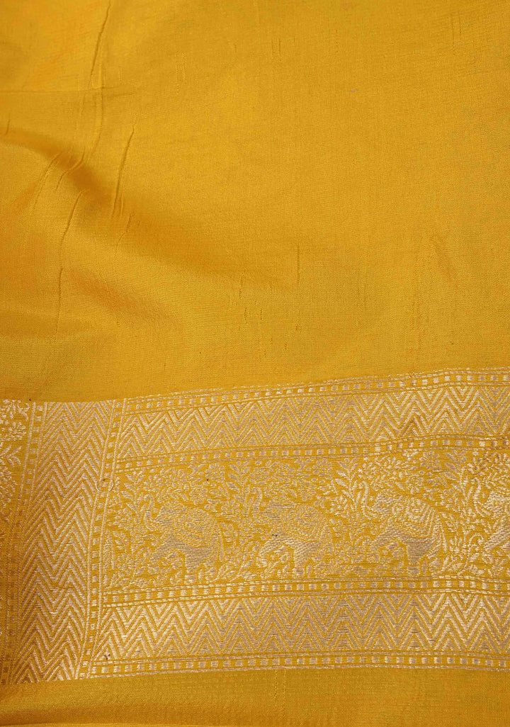 Yellow Floral and Tiger Brocade Banarasi Katan Silk Saree with Elephant motif zari Border | SILK MARK CERTIFIED
