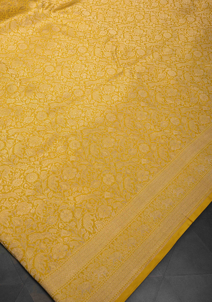 Yellow Floral and Tiger Brocade Banarasi Katan Silk Saree with Elephant motif zari Border | SILK MARK CERTIFIED