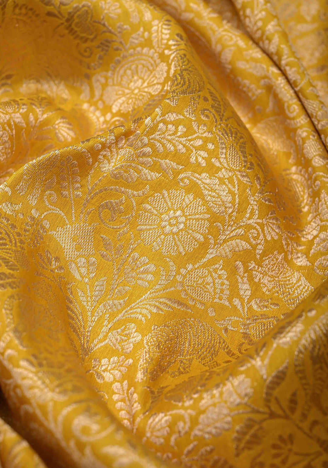 Yellow Floral and Tiger Brocade Banarasi Katan Silk Saree with Elephant motif zari Border | SILK MARK CERTIFIED