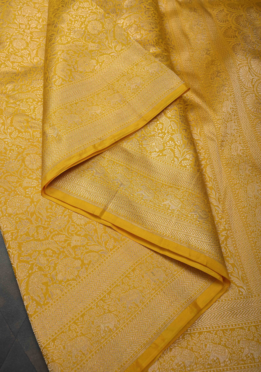 Yellow Floral and Tiger Brocade Banarasi Katan Silk Saree with Elephant motif zari Border | SILK MARK CERTIFIED