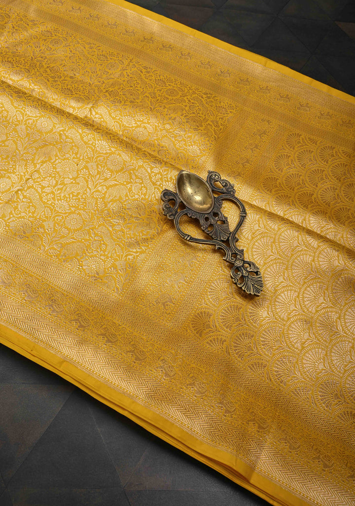 Yellow Floral and Tiger Brocade Banarasi Katan Silk Saree with Elephant motif zari Border | SILK MARK CERTIFIED