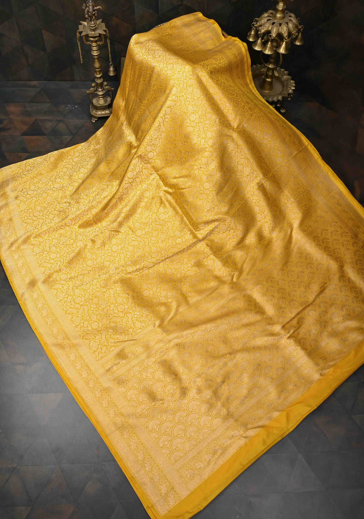 Yellow Floral and Tiger Brocade Banarasi Katan Silk Saree with Elephant motif zari Border | SILK MARK CERTIFIED