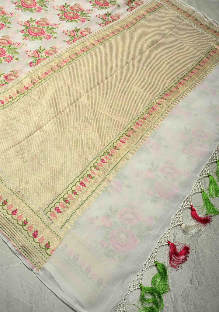 White Pure Banarasi geogrette silk saree with Meenakari Rose Buttas and zari border | SILK MARK CERTIFIED