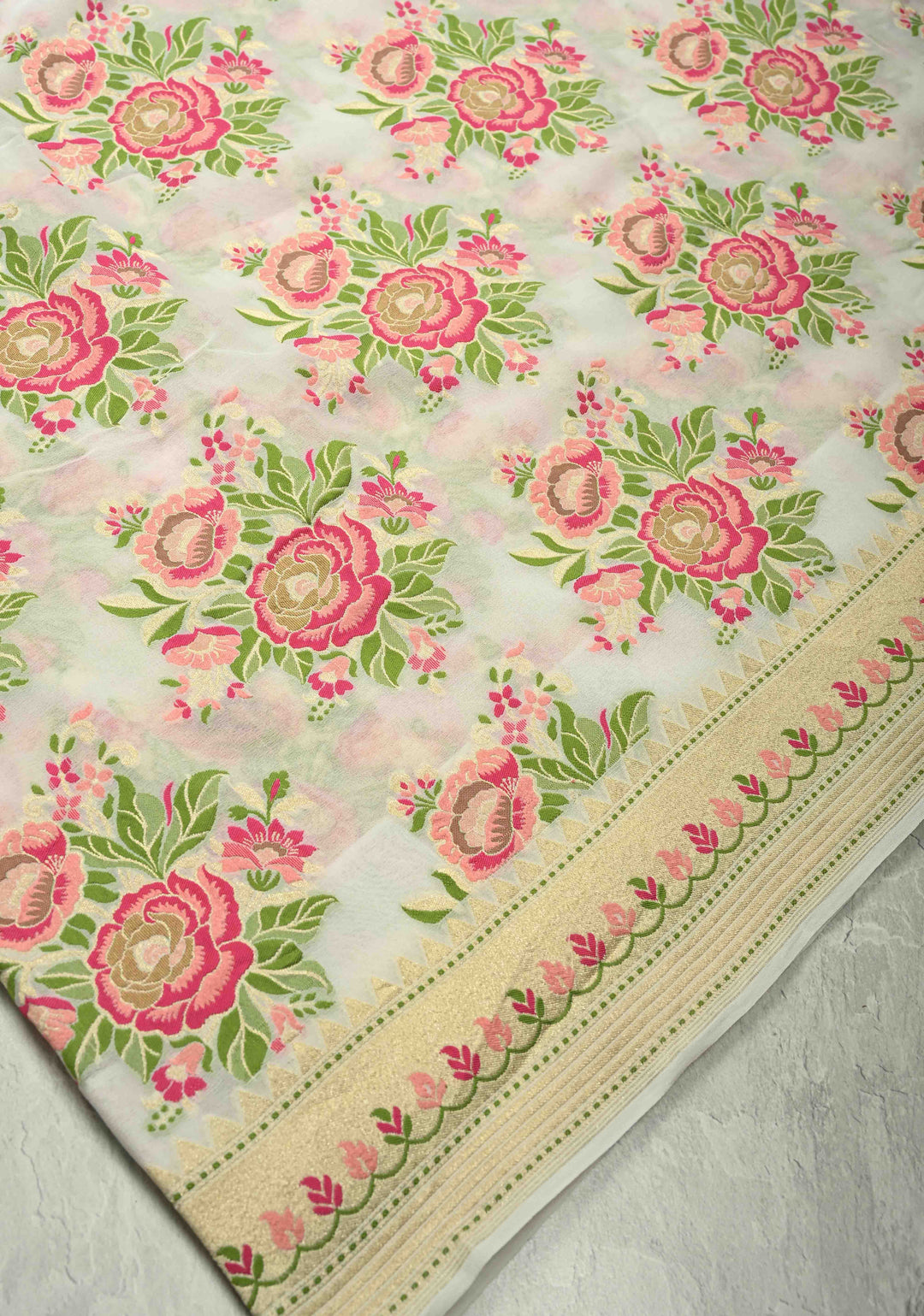 White Pure Banarasi geogrette silk saree with Meenakari Rose Buttas and zari border | SILK MARK CERTIFIED
