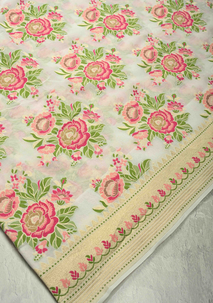 White Pure Banarasi geogrette silk saree with Meenakari Rose Buttas and zari border | SILK MARK CERTIFIED