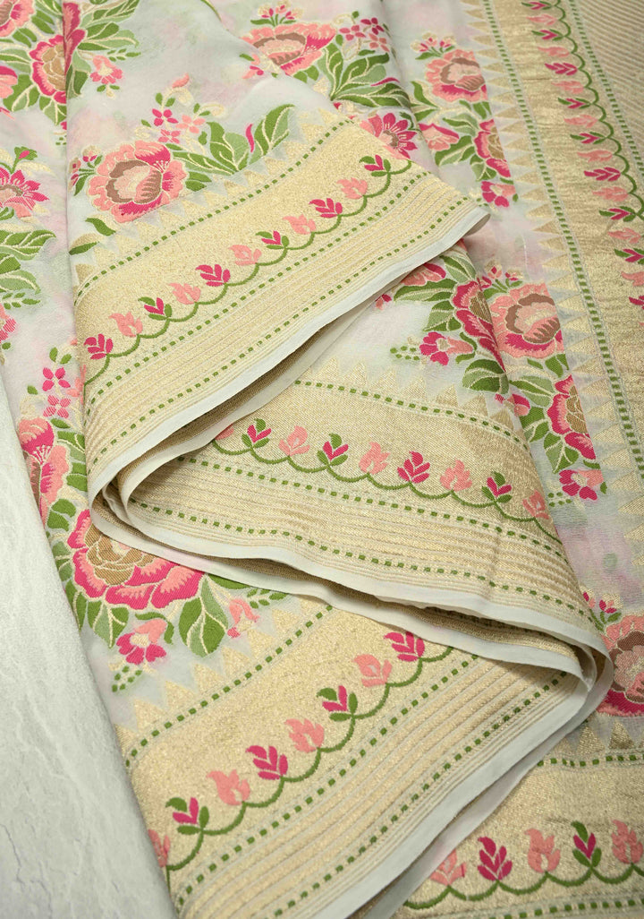 White Pure Banarasi geogrette silk saree with Meenakari Rose Buttas and zari border | SILK MARK CERTIFIED