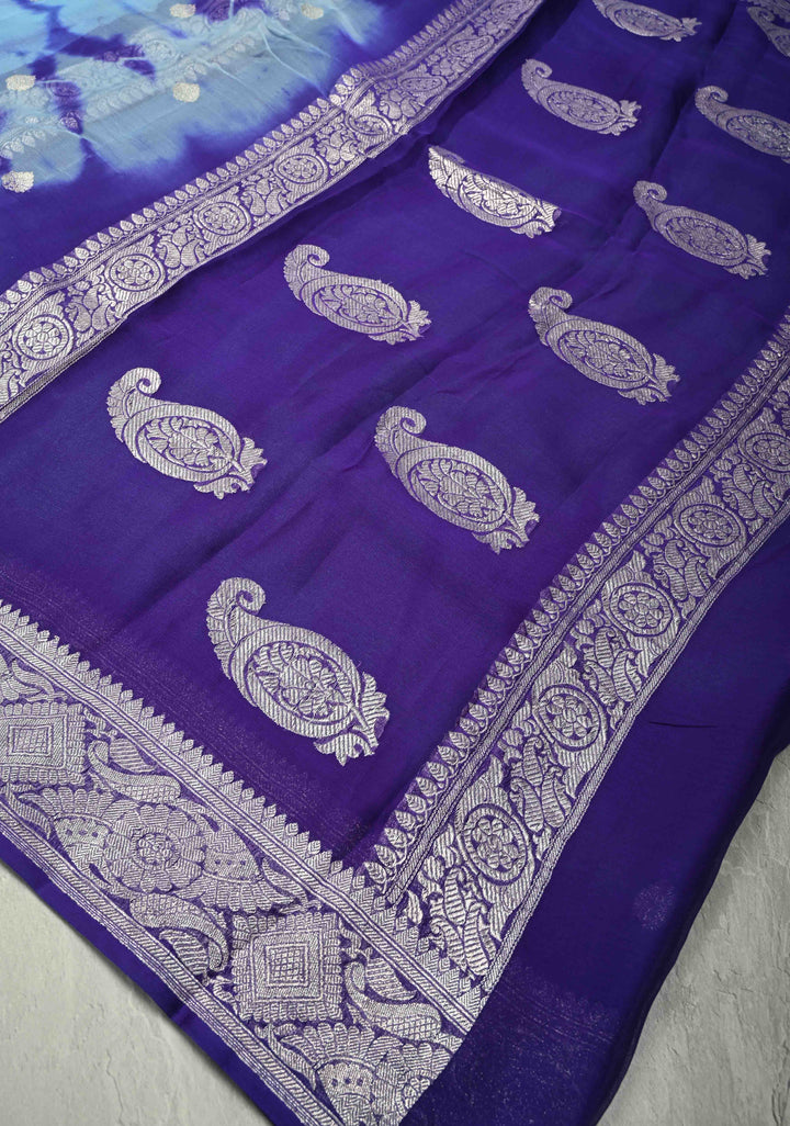 Blue Banarasi Shibori Chiffon Silk Saree with Silver Tone Zari Buttas and Rich Zari Border| SILK MARK CERTIFIED
