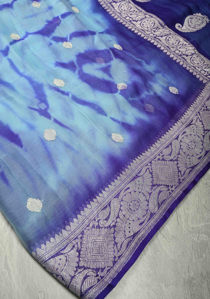 Blue Banarasi Shibori Chiffon Silk Saree with Silver Tone Zari Buttas and Rich Zari Border| SILK MARK CERTIFIED