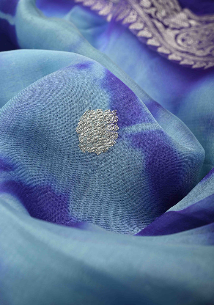 Blue Banarasi Shibori Chiffon Silk Saree with Silver Tone Zari Buttas and Rich Zari Border| SILK MARK CERTIFIED