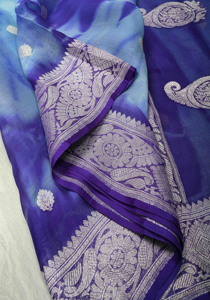 Blue Banarasi Shibori Chiffon Silk Saree with Silver Tone Zari Buttas and Rich Zari Border| SILK MARK CERTIFIED