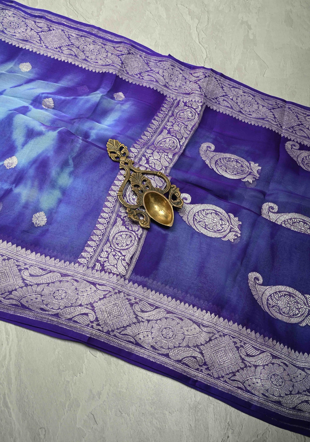 Blue Banarasi Shibori Chiffon Silk Saree with Silver Tone Zari Buttas and Rich Zari Border| SILK MARK CERTIFIED