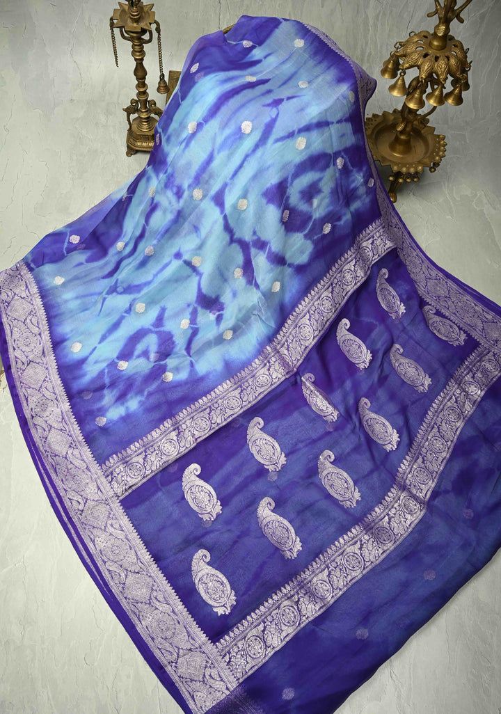 Blue Banarasi Shibori Chiffon Silk Saree with Silver Tone Zari Buttas and Rich Zari Border| SILK MARK CERTIFIED