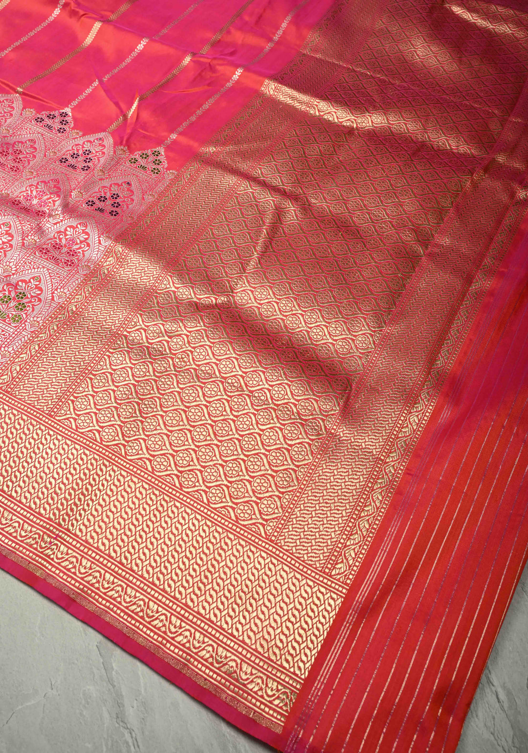 Rani Pink Banarasi Katan Silk Saree with Vertical Stripes and Meenakari Skirt persian trellis Border | SILK MARK CERTIFIED