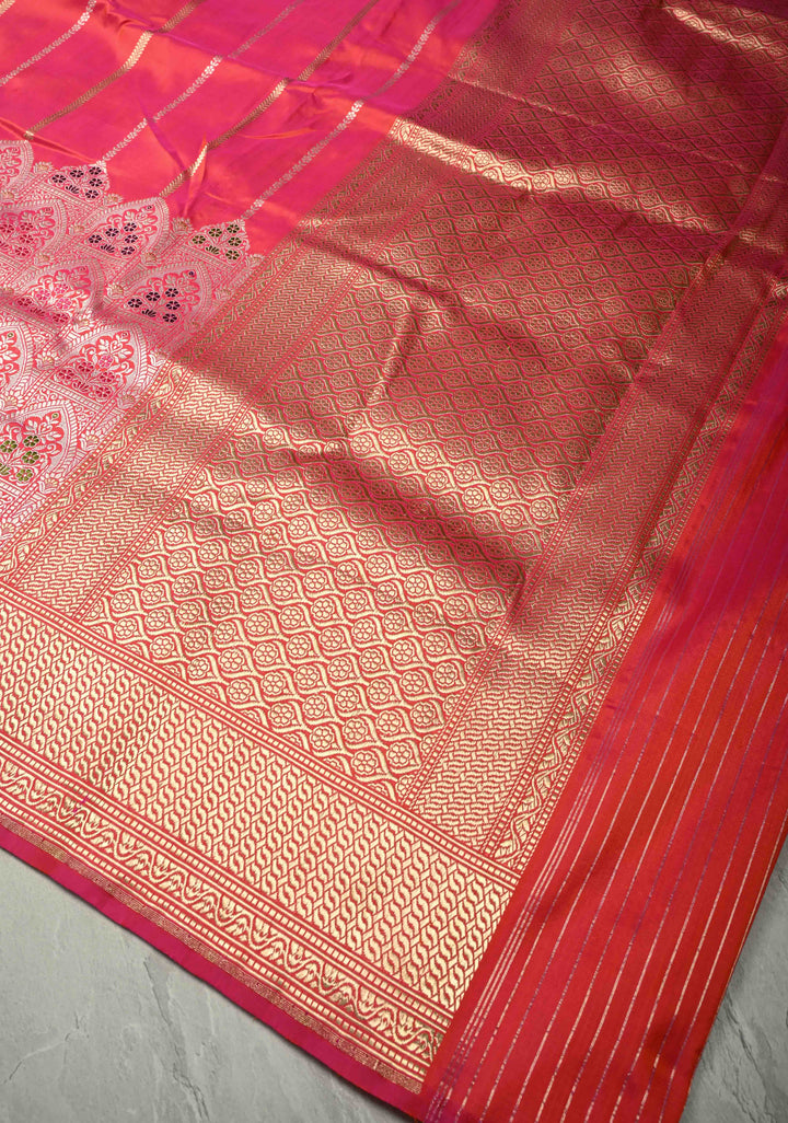 Rani Pink Banarasi Katan Silk Saree with Vertical Stripes and Meenakari Skirt persian trellis Border | SILK MARK CERTIFIED