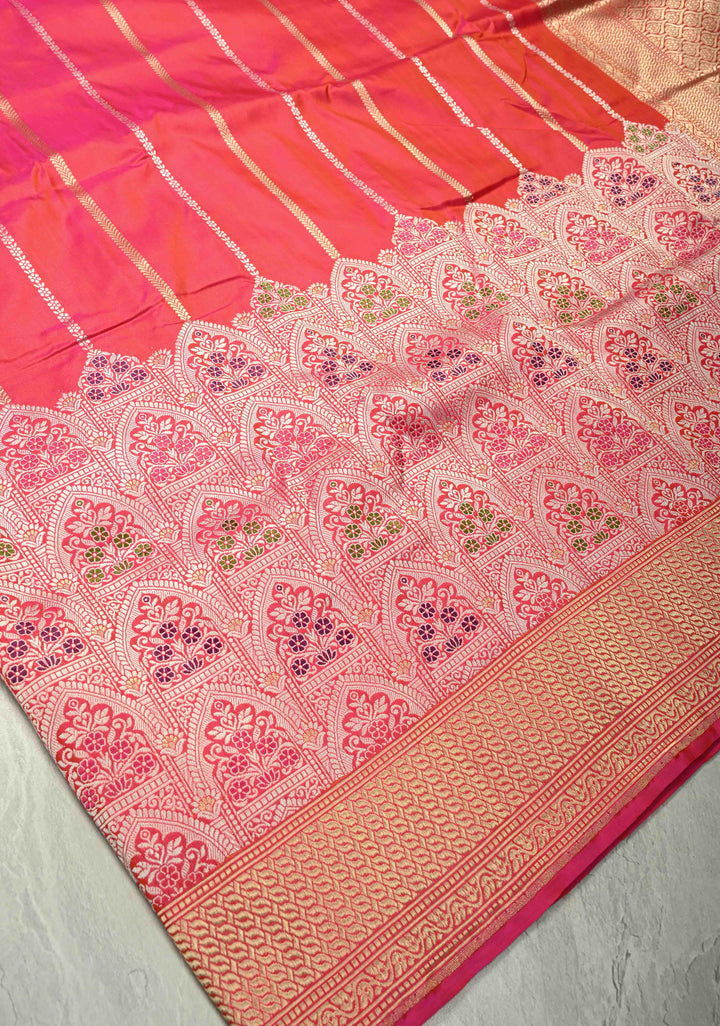 Rani Pink Banarasi Katan Silk Saree with Vertical Stripes and Meenakari Skirt persian trellis Border | SILK MARK CERTIFIED