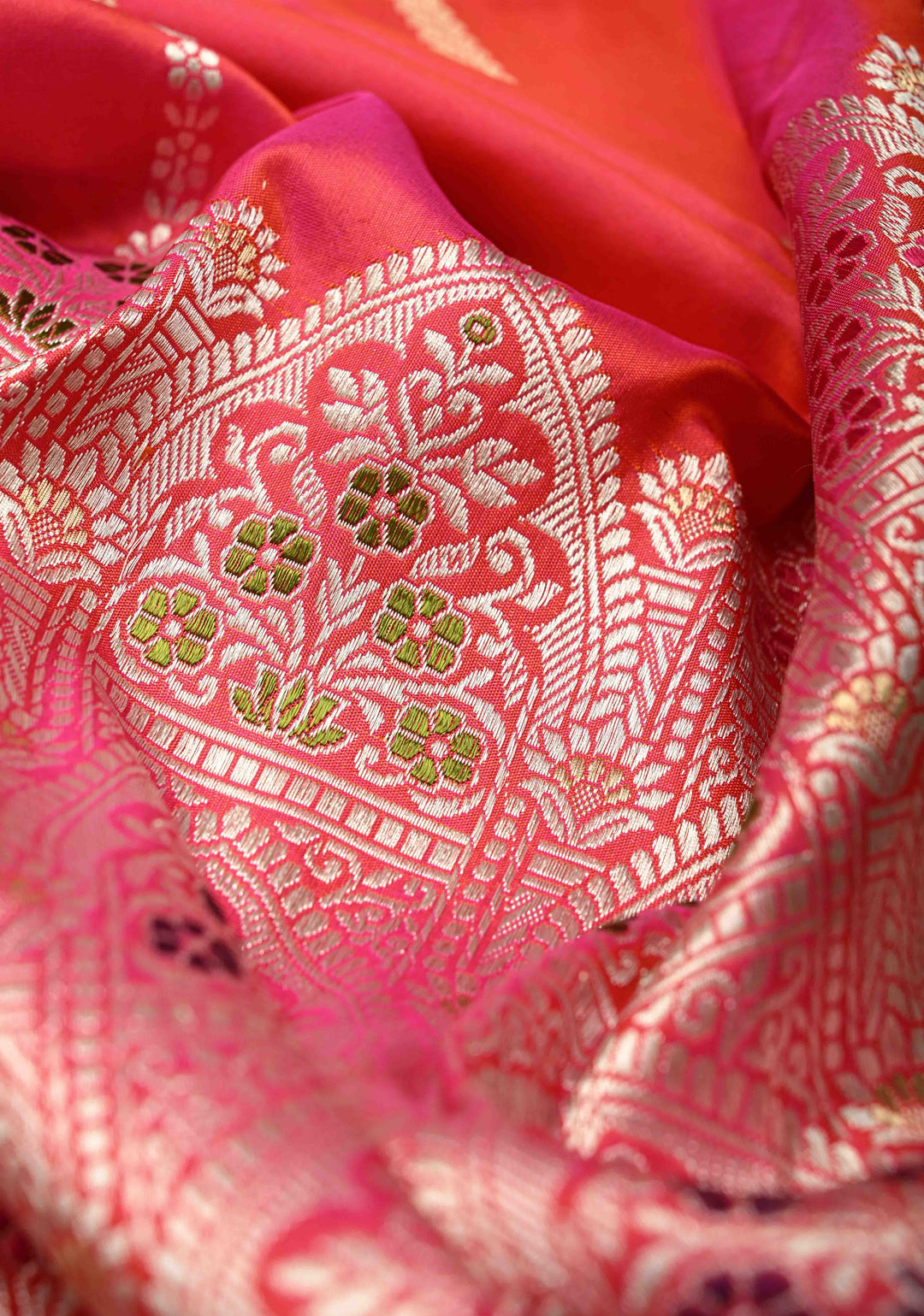 Rani Pink Banarasi Katan Silk Saree with Vertical Stripes and Meenakari Skirt persian trellis Border | SILK MARK CERTIFIED