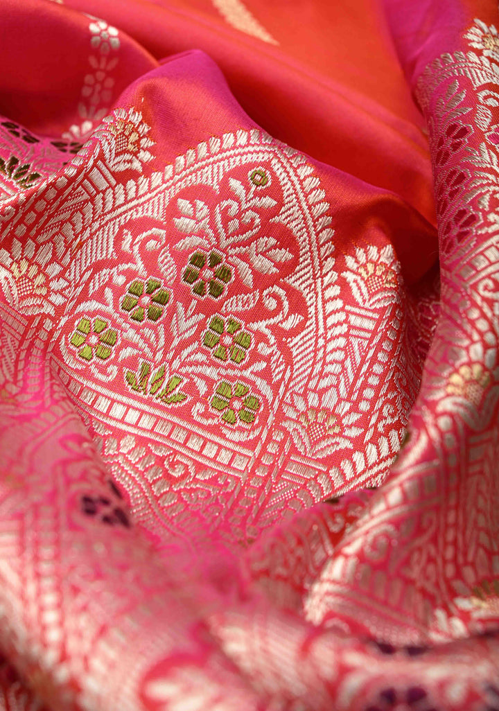 Rani Pink Banarasi Katan Silk Saree with Vertical Stripes and Meenakari Skirt persian trellis Border | SILK MARK CERTIFIED