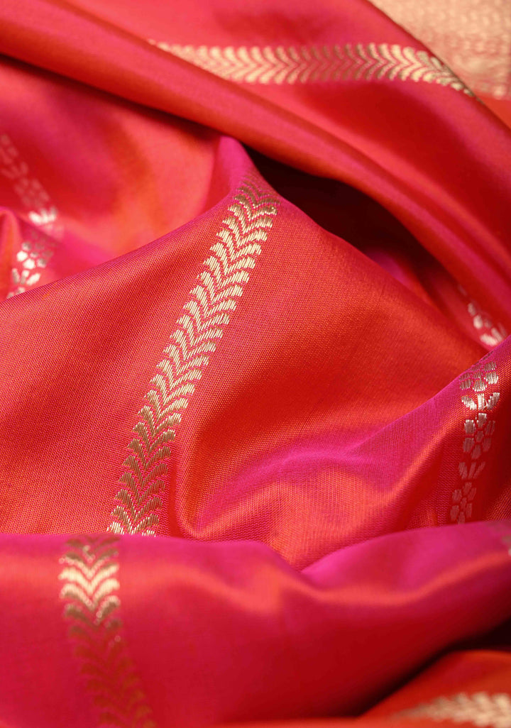 Rani Pink Banarasi Katan Silk Saree with Vertical Stripes and Meenakari Skirt persian trellis Border | SILK MARK CERTIFIED