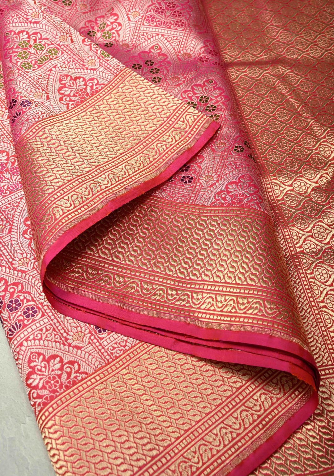 Rani Pink Banarasi Katan Silk Saree with Vertical Stripes and Meenakari Skirt persian trellis Border | SILK MARK CERTIFIED