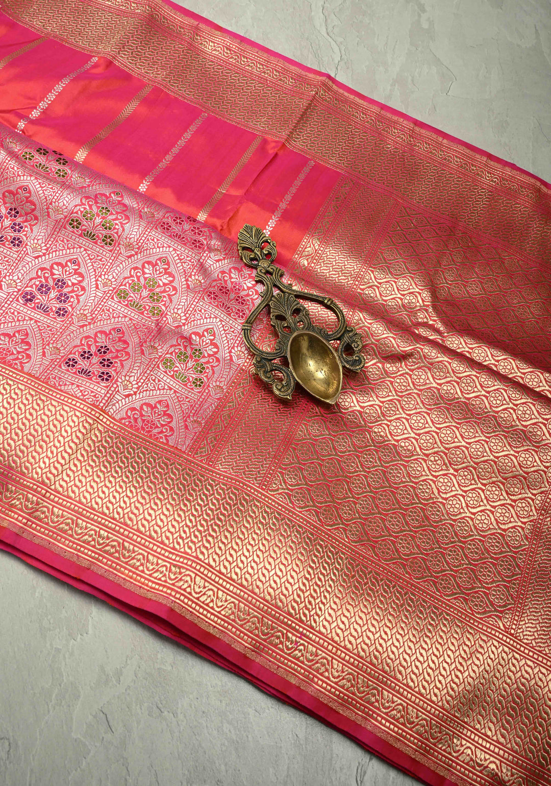 Rani Pink Banarasi Katan Silk Saree with Vertical Stripes and Meenakari Skirt persian trellis Border | SILK MARK CERTIFIED