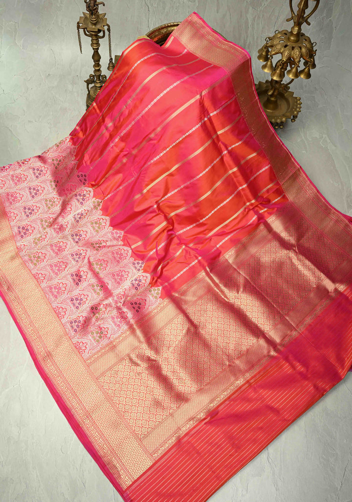Rani Pink Banarasi Katan Silk Saree with Vertical Stripes and Meenakari Skirt persian trellis Border | SILK MARK CERTIFIED