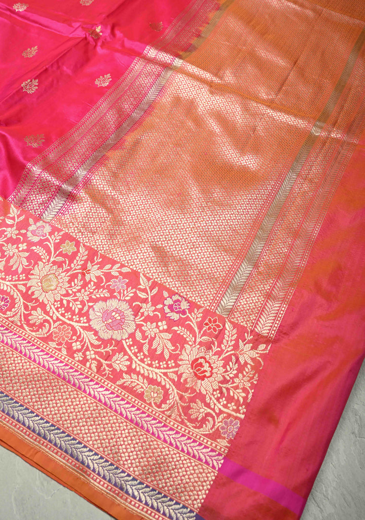 Rani Pink Dual tone Banarasi Pure Katan Silk Saree with Sona Rupa Buttas and Kadhuwa Meenakari Jaal on Skirt Border| SILK MARK CERTIFIED