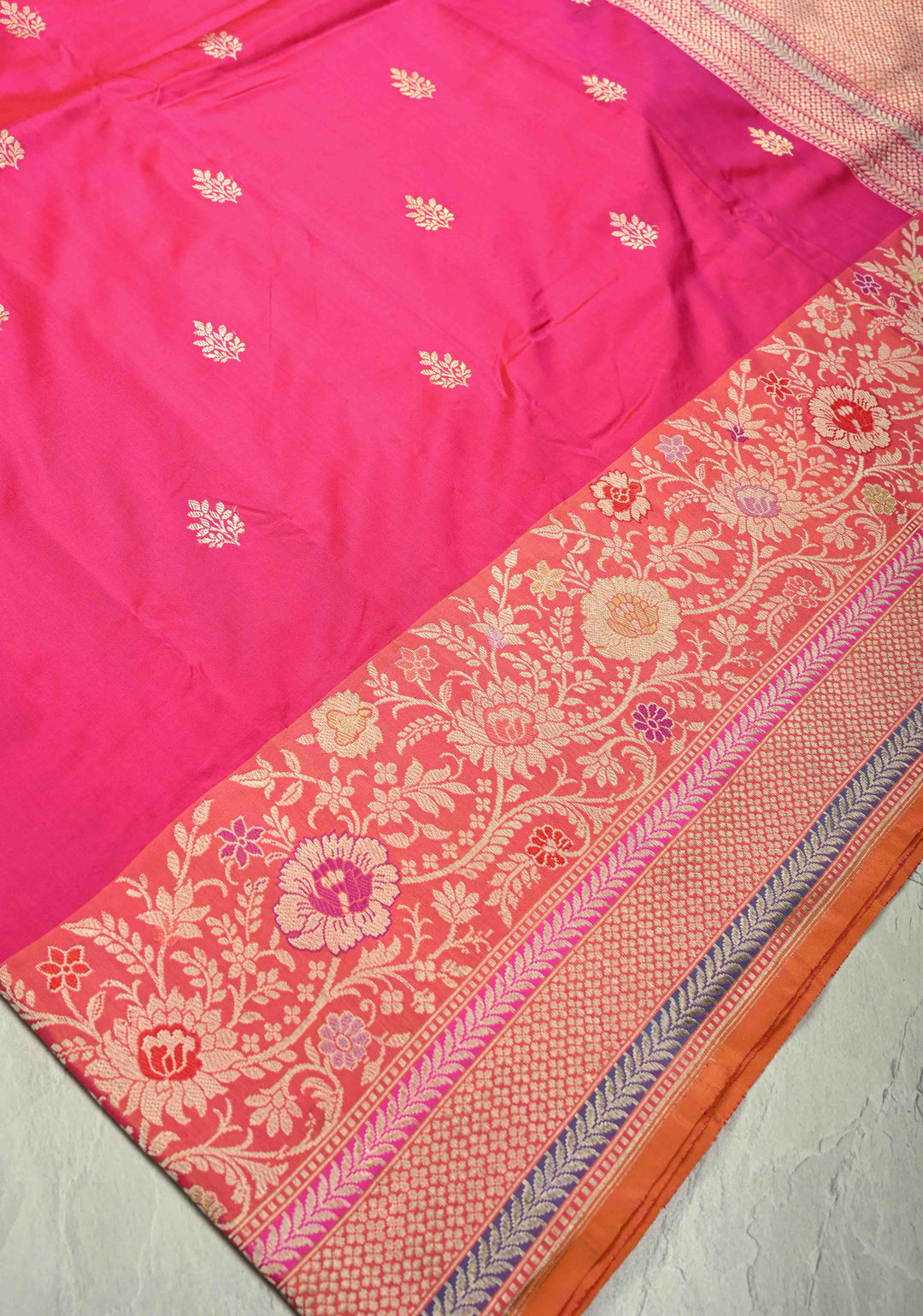 Rani Pink Dual tone Banarasi Pure Katan Silk Saree with Sona Rupa Buttas and Kadhuwa Meenakari Jaal on Skirt Border| SILK MARK CERTIFIED