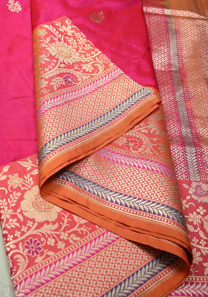 Rani Pink Dual tone Banarasi Pure Katan Silk Saree with Sona Rupa Buttas and Kadhuwa Meenakari Jaal on Skirt Border| SILK MARK CERTIFIED