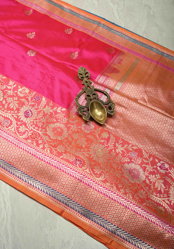 Rani Pink Dual tone Banarasi Pure Katan Silk Saree with Sona Rupa Buttas and Kadhuwa Meenakari Jaal on Skirt Border| SILK MARK CERTIFIED