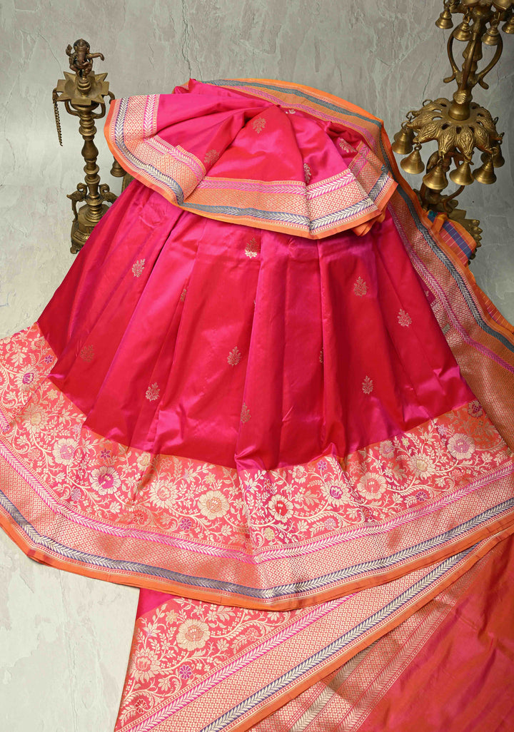 Rani Pink Dual tone Banarasi Pure Katan Silk Saree with Sona Rupa Buttas and Kadhuwa Meenakari Jaal on Skirt Border| SILK MARK CERTIFIED