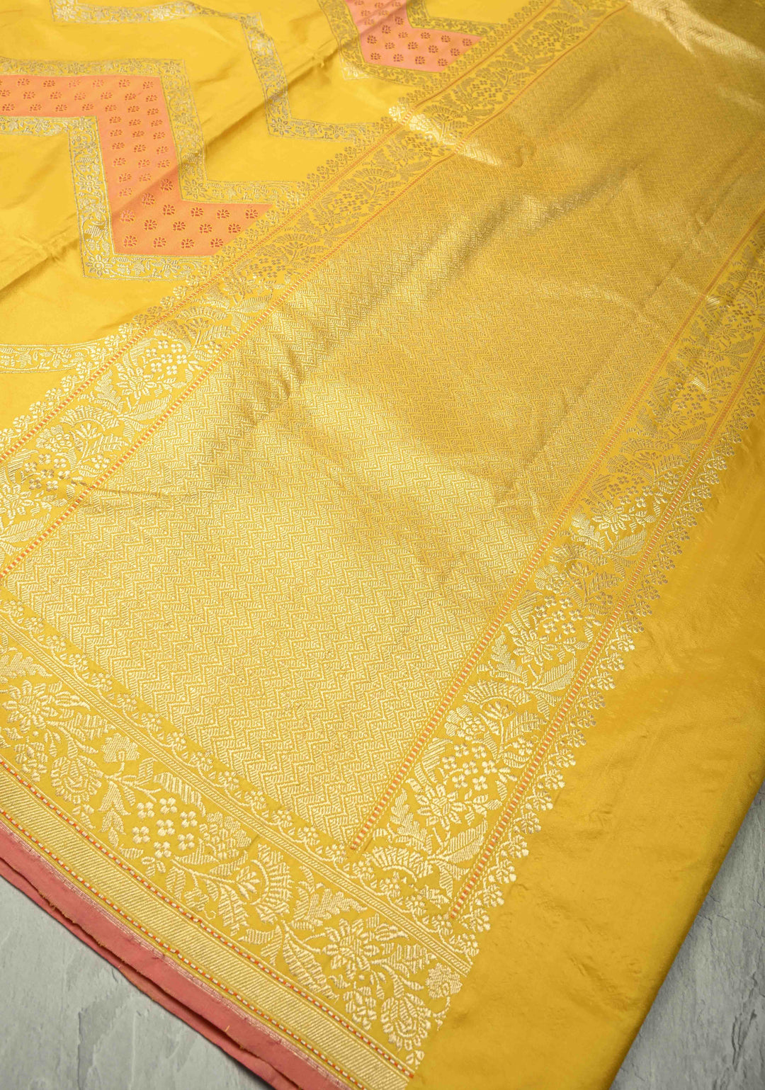 Sunflower Yellow Rangkaat Banarasi Katan Silk saree in chevron Pattern with Khaduwa weave Silver zari Border | SILK MARK CERTIFIED