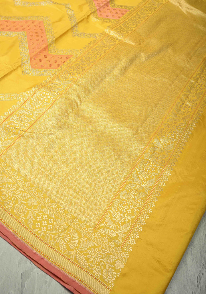 Sunflower Yellow Rangkaat Banarasi Katan Silk saree in chevron Pattern with Khaduwa weave Silver zari Border | SILK MARK CERTIFIED