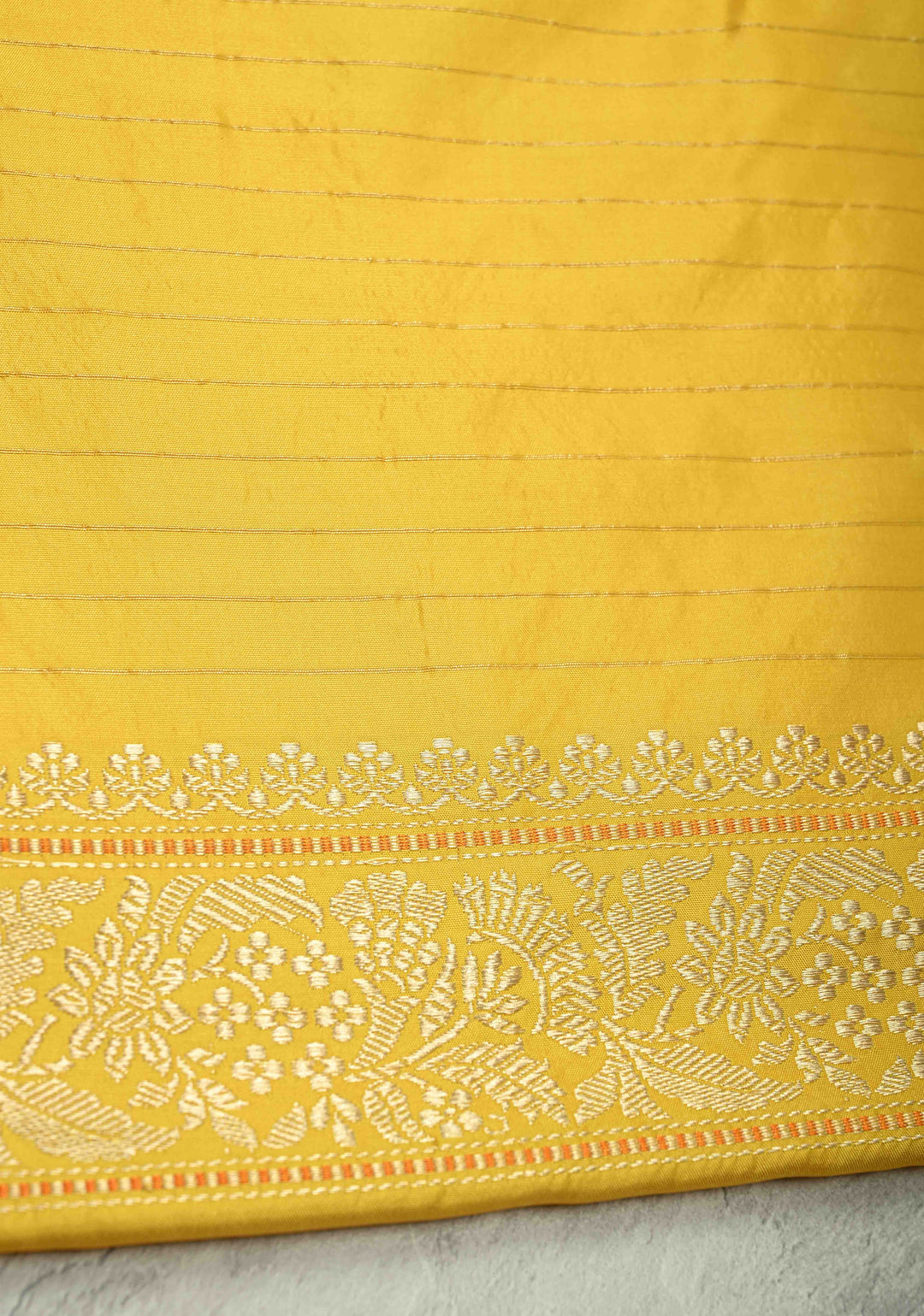Sunflower Yellow Rangkaat Banarasi Katan Silk saree in chevron Pattern with Khaduwa weave Silver zari Border | SILK MARK CERTIFIED
