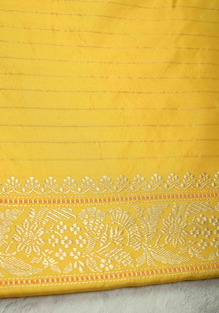 Sunflower Yellow Rangkaat Banarasi Katan Silk saree in chevron Pattern with Khaduwa weave Silver zari Border | SILK MARK CERTIFIED